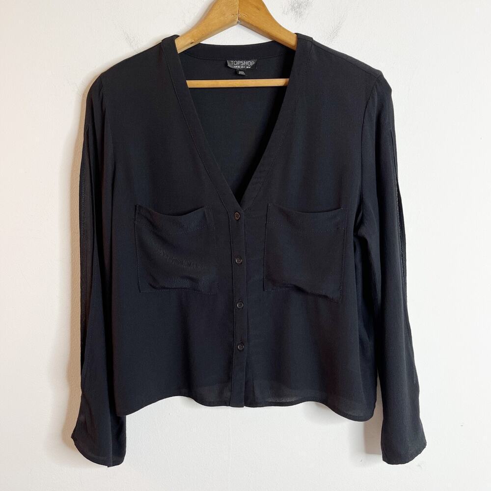Topshop Women's Blouse 4 Black Slit Long Sleeve V-Neck Button Front Sheer Top - Picture 2 of 8